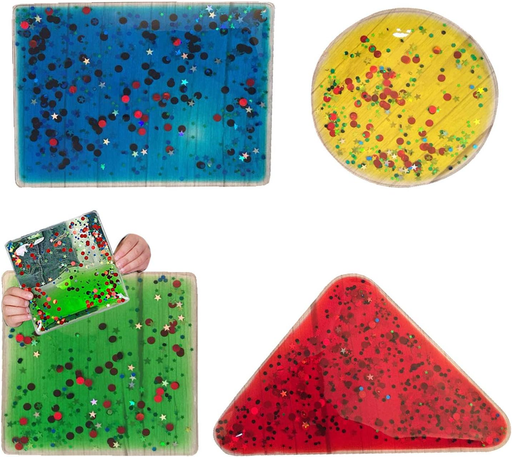 Squidgy sparkle shapes - great for fidgeting or to be used with a light box. Practise Colour Recognition and great for sensory tactile exercises Sensory toy and sensory education resource for children with autism, ADHD and special needs. No leaking strong plastic adult supervision required keep sharp objects away from product discard if damaged to clean - wipe with damp cloth rectangle 19 cm long Suitable for ages 3 years+