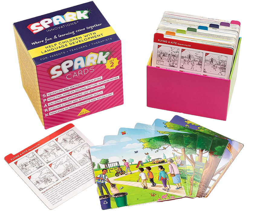 Includes 8 story sets with 6 cards in each set which are designed specifically to encourage children to observe picture details and to improve their picture interpretation skills.  The cards can be used to enhance the ability of children to retell stories, sequence pictures, problem-solve, as well as prompts for 'wh' basic questions.