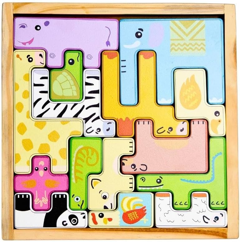Brightly coloured, silicon animal pieces that fit together like a puzzle.   Each piece has a textured feel to the top and the type of animal in raised text on the back of the animal.