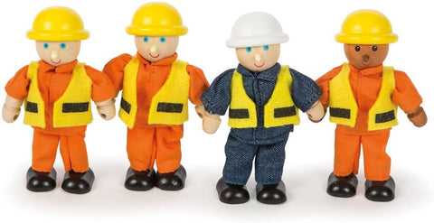 Builders - Set of 4  these wooden construction site workers are all dressed suitably in high visibility jackets and hard hats, ready for a day of building. 
