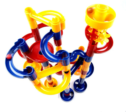 Marble Run 60  An intriguing construction set comprising 9 chutes, 9 curves, 24 tubes, 6 bases, snake pass, rotary drop, paddle wheel, roundabout and 8 marbles.  