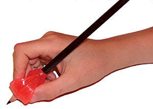 Child's hand using a red pencil grip to hold a pencil in a correct position for writing.